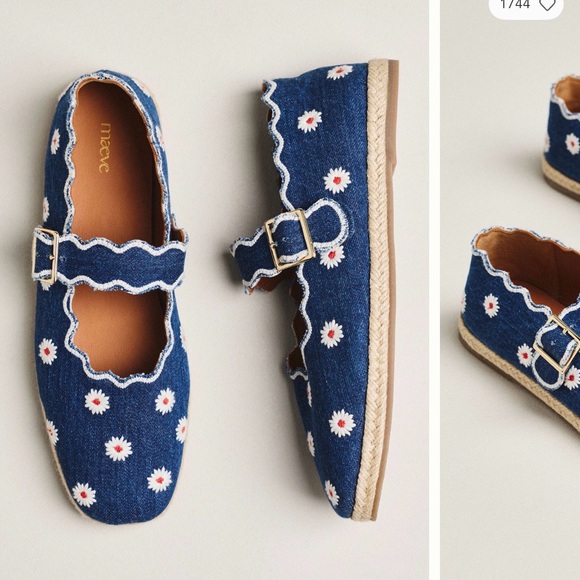 Anthropologie Shoes - Anthropologie Denim Daisy Mary Jane Flats - Blue & White